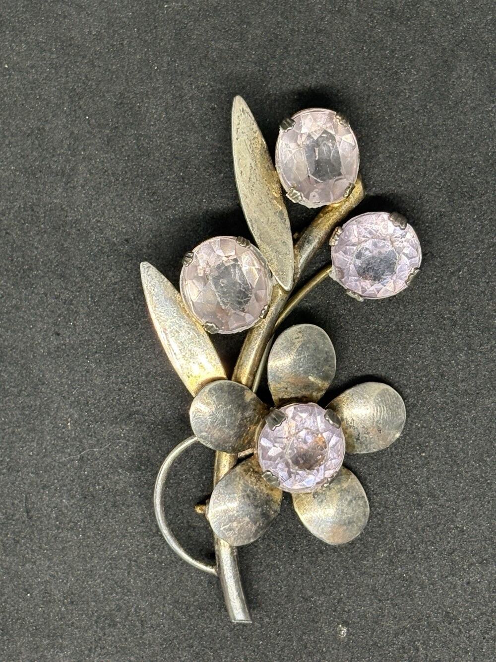 Vintage Sterling Silver Flower Spray Brooch Pink Faceted Stones 12.2g Pin